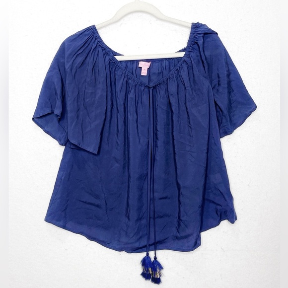 Lilly Pulitzer Sain Off the Shoulder Tassel Top Navy Blue Size Medium - Picture 2 of 7